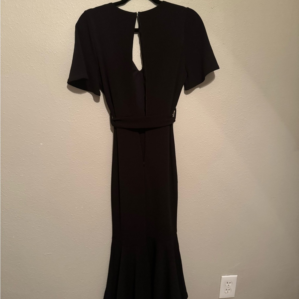 Black Midi Classy Cocktail Dress with Waist Tie